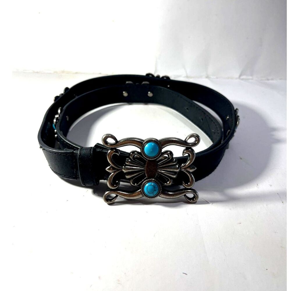 Genuine leather belt braided brown turquoise metal buckle country women M